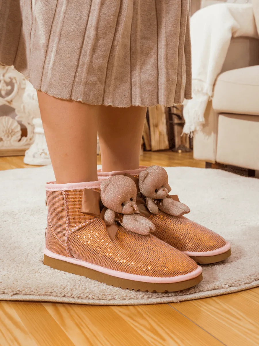 Plush Bear Ribbon Bow Shimmer Bling Boots