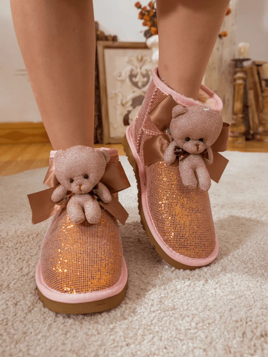 Plush Bear Ribbon Bow Shimmer Bling Boots