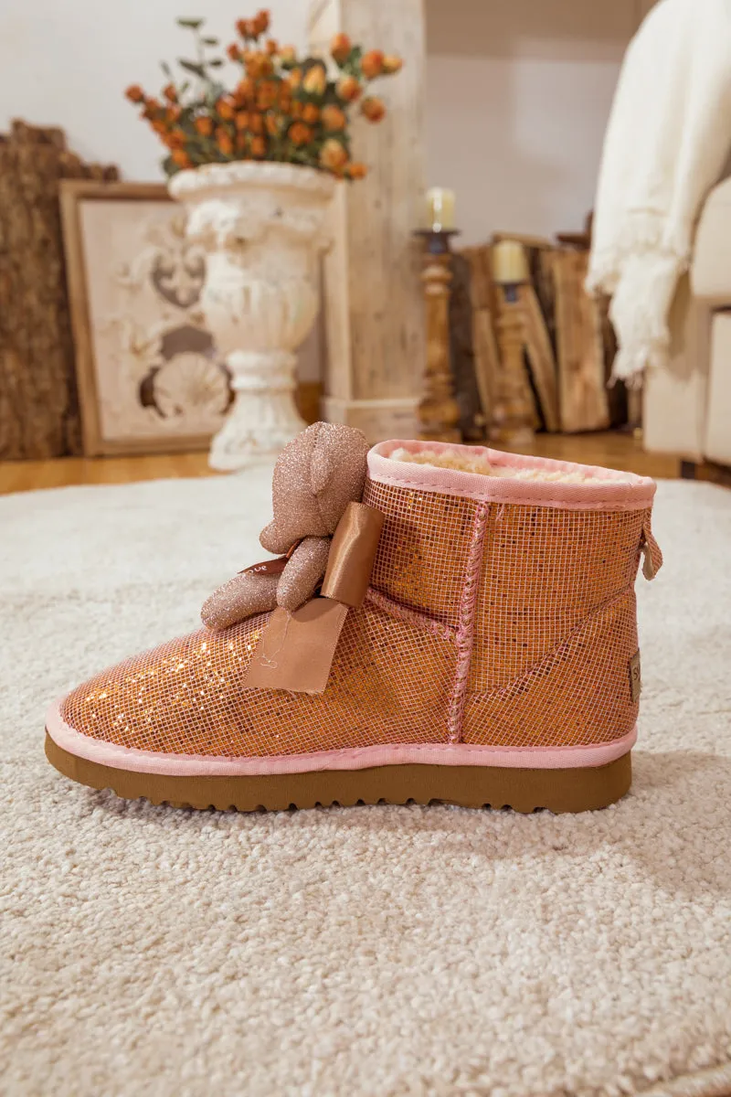 Plush Bear Ribbon Bow Shimmer Bling Boots
