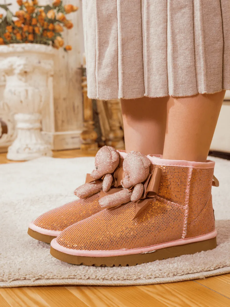 Plush Bear Ribbon Bow Shimmer Bling Boots