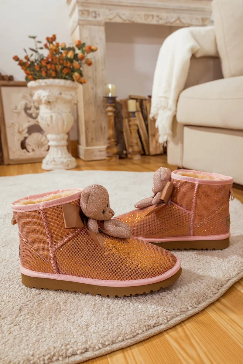 Plush Bear Ribbon Bow Shimmer Bling Boots