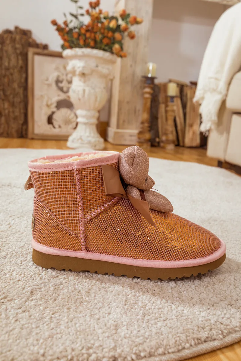 Plush Bear Ribbon Bow Shimmer Bling Boots