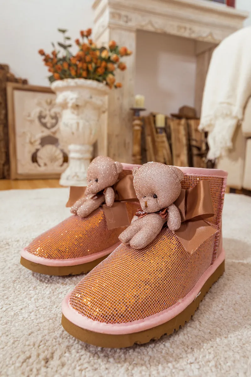 Plush Bear Ribbon Bow Shimmer Bling Boots