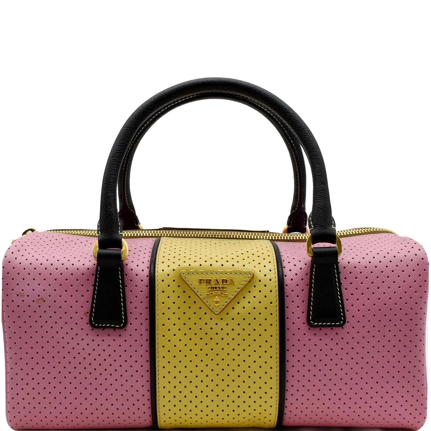PRADA Bowling Perforated Saffiano Leather Satchel Bag Pink/Yellow