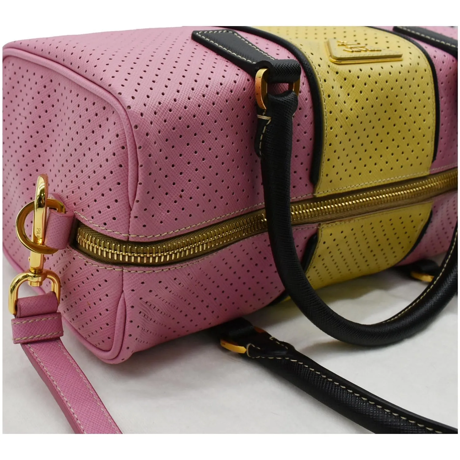 PRADA Bowling Perforated Saffiano Leather Satchel Bag Pink/Yellow