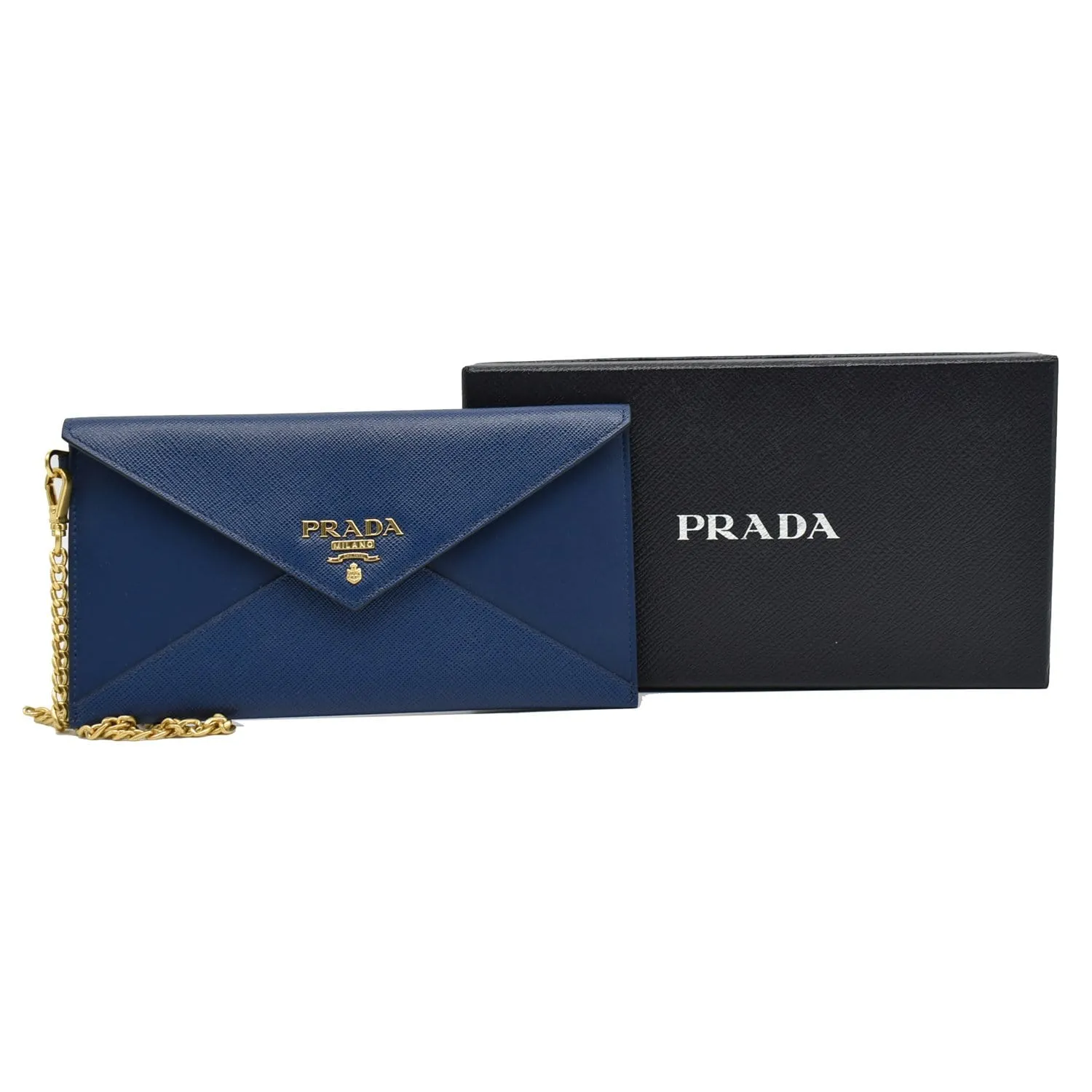PRADA Envelope Leather Chain Clutch Blue 1MF002