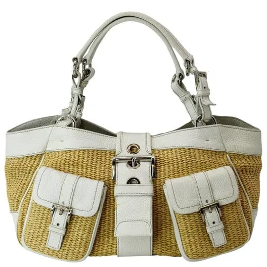 PRADA Paglia Vitello Daino Naturale Leather Satchel Bag Natural