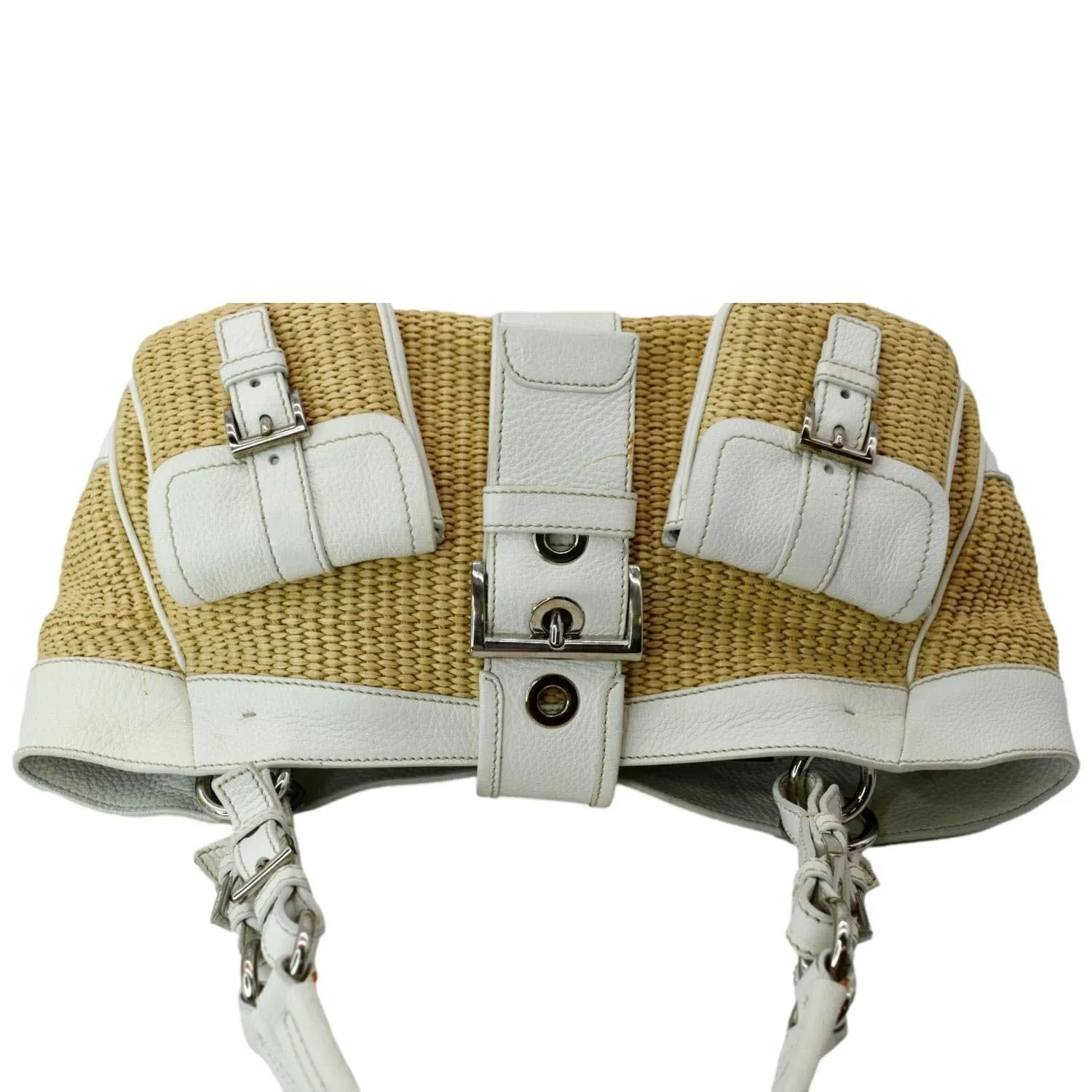PRADA Paglia Vitello Daino Naturale Leather Satchel Bag Natural