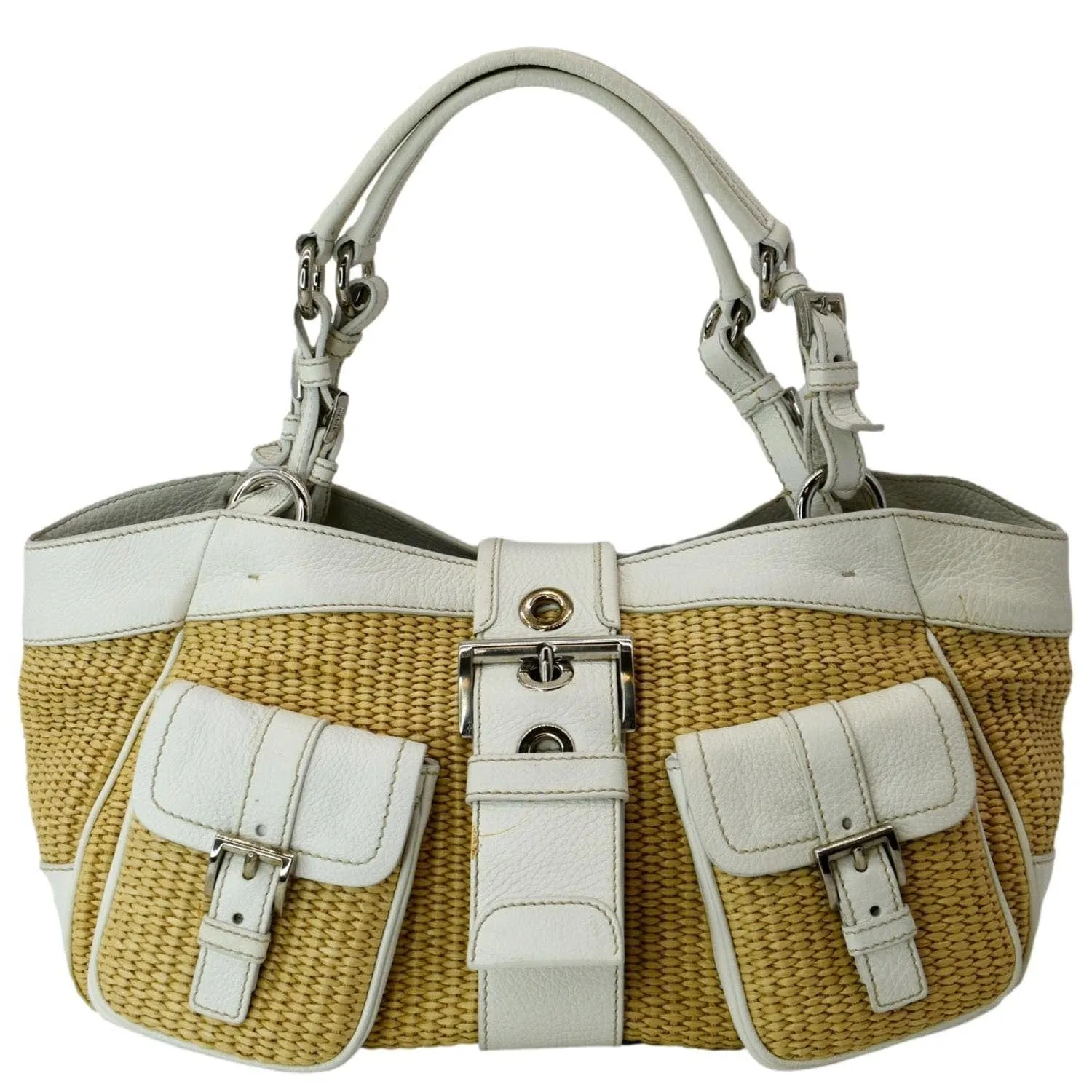 PRADA Paglia Vitello Daino Naturale Leather Satchel Bag Natural