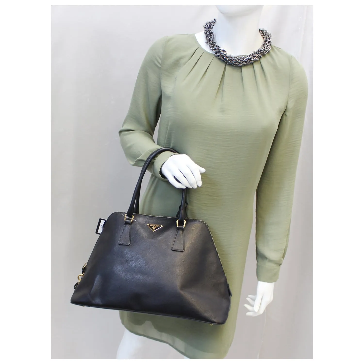 PRADA Saffiano Dome Black Leather Satchel Bag