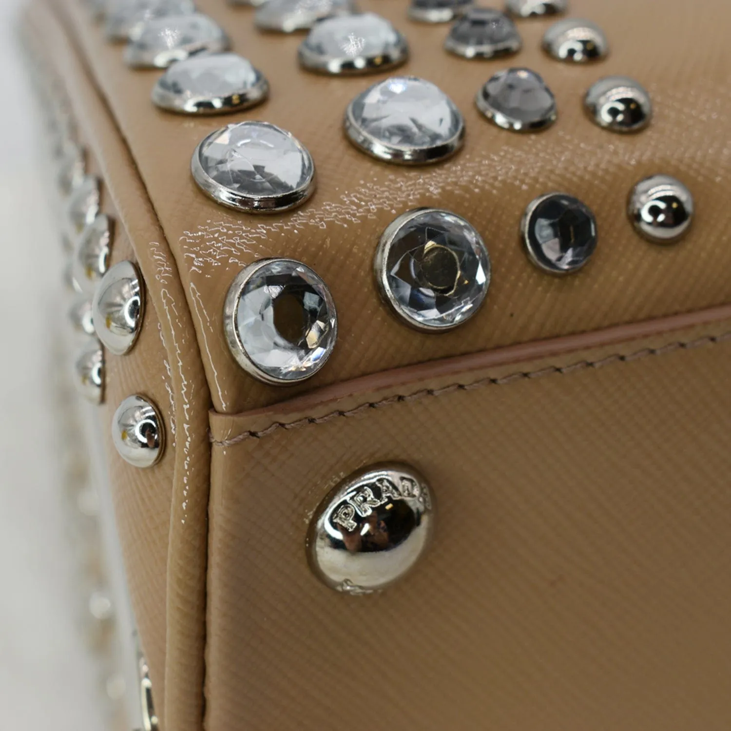 PRADA Vernice Crystal Small Frame Studded Saffiano Leather Top Handle Bag Beige