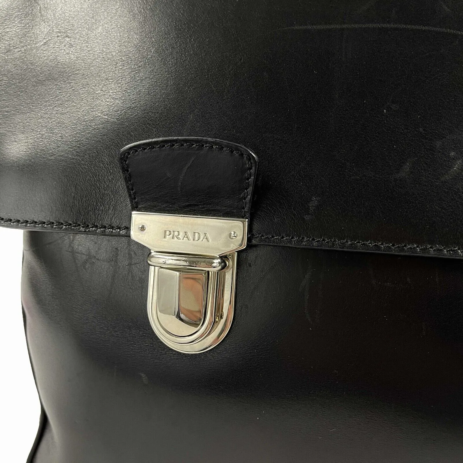 PRADA - Vitello Leather Double Buckle Briefcase - Black / Silver