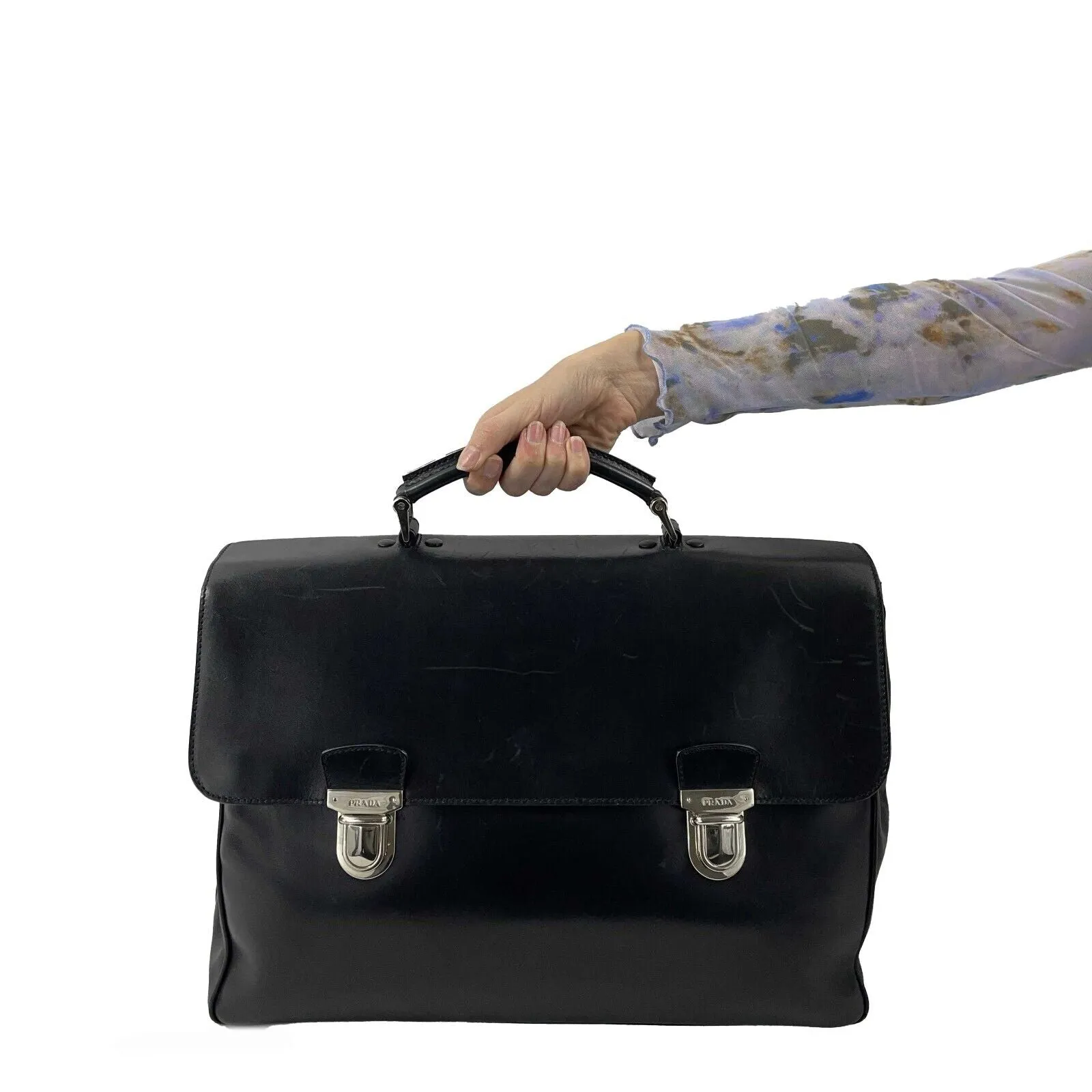 PRADA - Vitello Leather Double Buckle Briefcase - Black / Silver