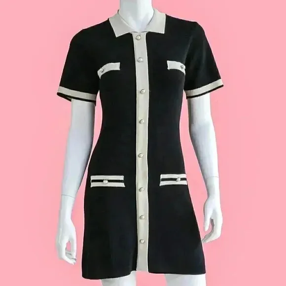 Preppy Black &amp; Cream Classy Mini Dress‎ Size Small Summer Knitted Collared Dress