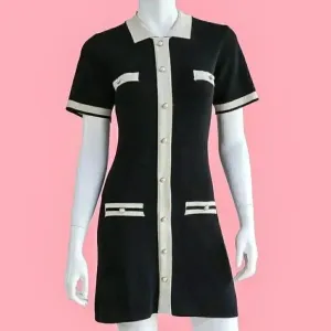 Preppy Black &amp; Cream Classy Mini Dress‎ Size Small Summer Knitted Collared Dress