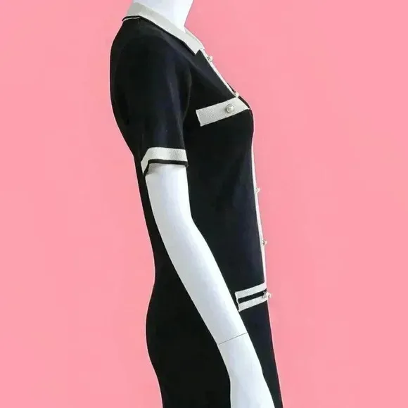 Preppy Black &amp; Cream Classy Mini Dress‎ Size Small Summer Knitted Collared Dress