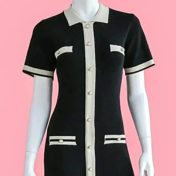 Preppy Black &amp; Cream Classy Mini Dress‎ Size Small Summer Knitted Collared Dress