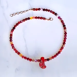 Red Agate gemstone, Copper, and Coral necklace