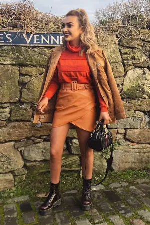 Rust Faux Leather Belted Wrap Mini Skirt - Skye
