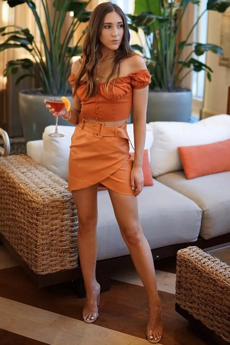 Rust Faux Leather Belted Wrap Mini Skirt - Skye