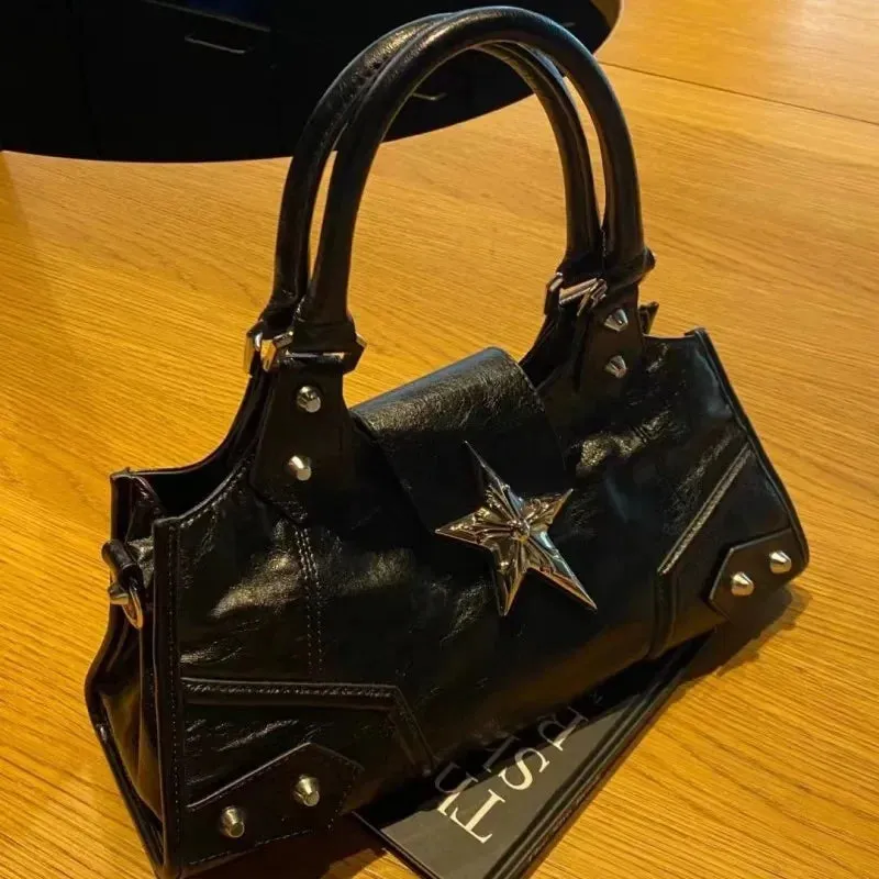 Sohiwoo Vintage Women's Metal Star Shoulder Bag Gothic Black Rivet Underarm Bag Y2k Hot Girls Crossbody Bag PU Leather Tote Handbags