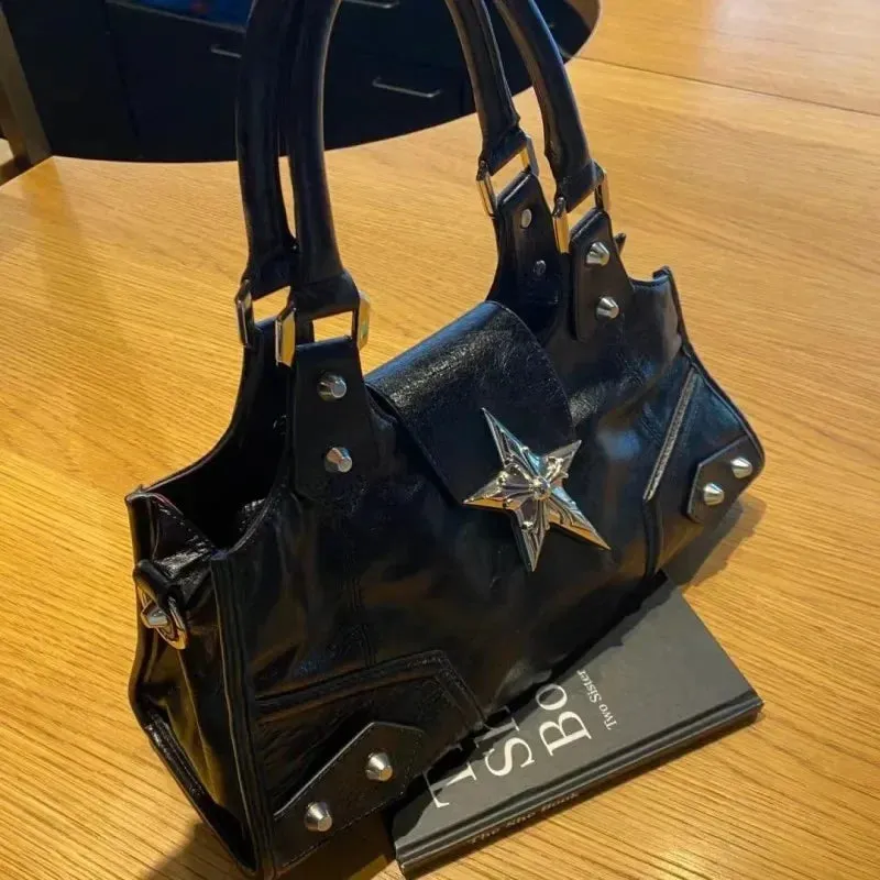 Sohiwoo Vintage Women's Metal Star Shoulder Bag Gothic Black Rivet Underarm Bag Y2k Hot Girls Crossbody Bag PU Leather Tote Handbags