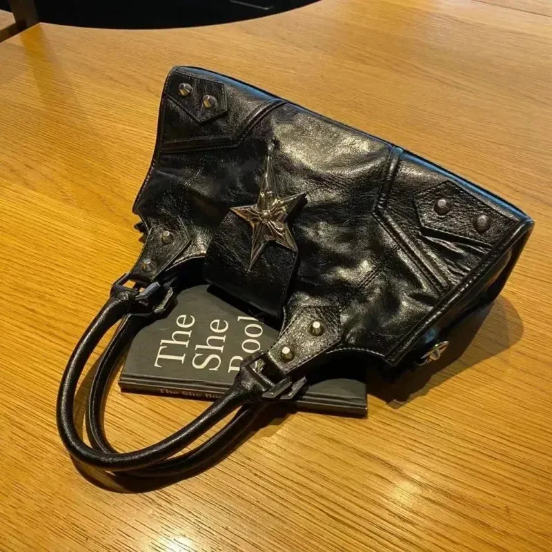Sohiwoo Vintage Women's Metal Star Shoulder Bag Gothic Black Rivet Underarm Bag Y2k Hot Girls Crossbody Bag PU Leather Tote Handbags
