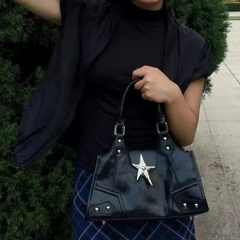 Sohiwoo Vintage Women's Metal Star Shoulder Bag Gothic Black Rivet Underarm Bag Y2k Hot Girls Crossbody Bag PU Leather Tote Handbags