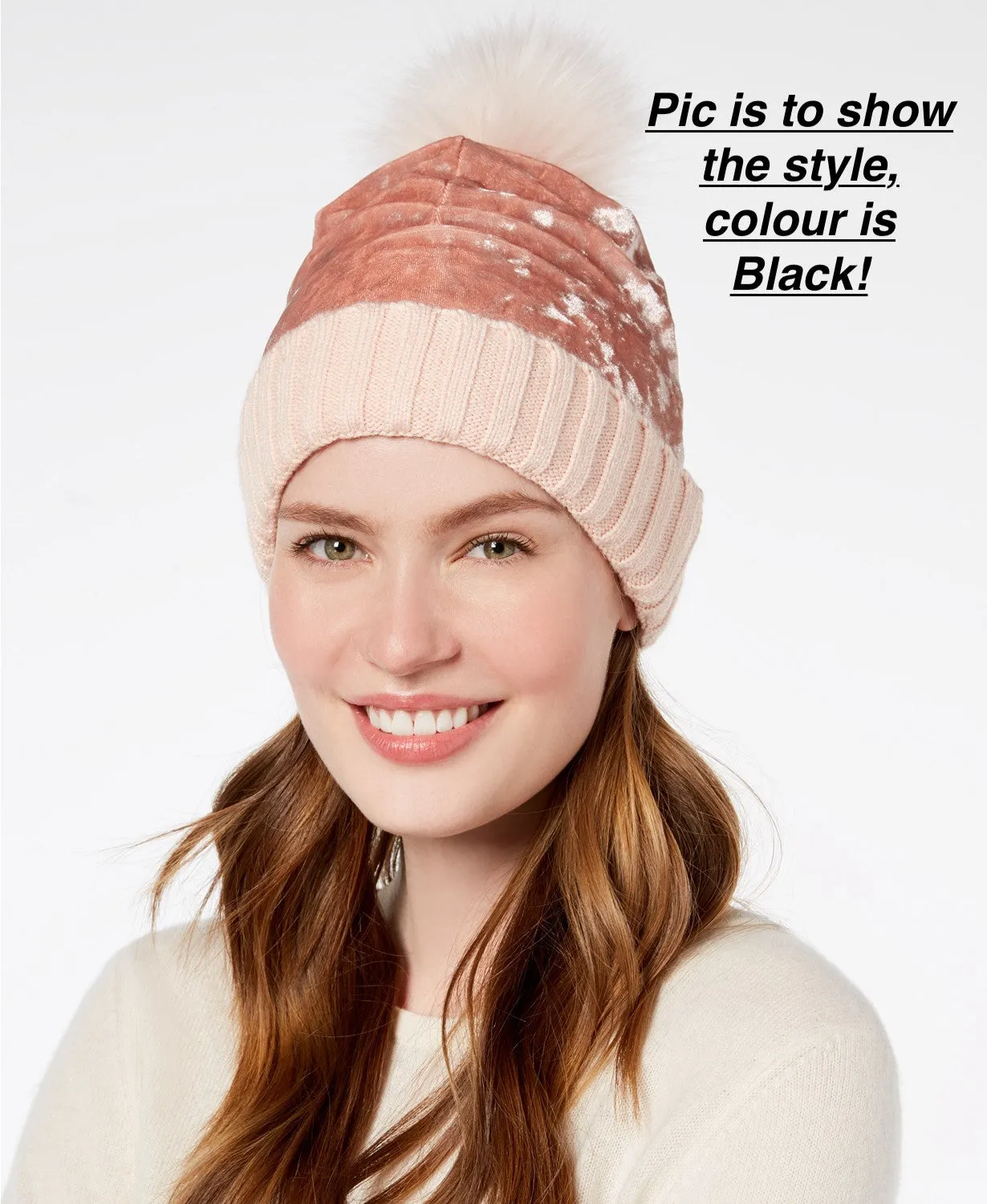 Steve Madden Women's Crushed Velvet Cuff Hat with Faux Fur Pom, Black!
