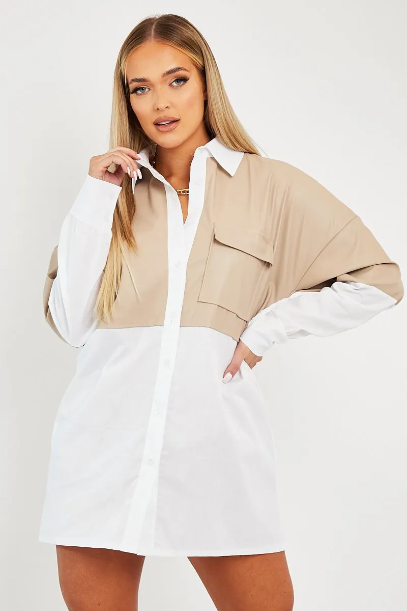 Stone Faux Leather Panel Shirt Dress - Arriya
