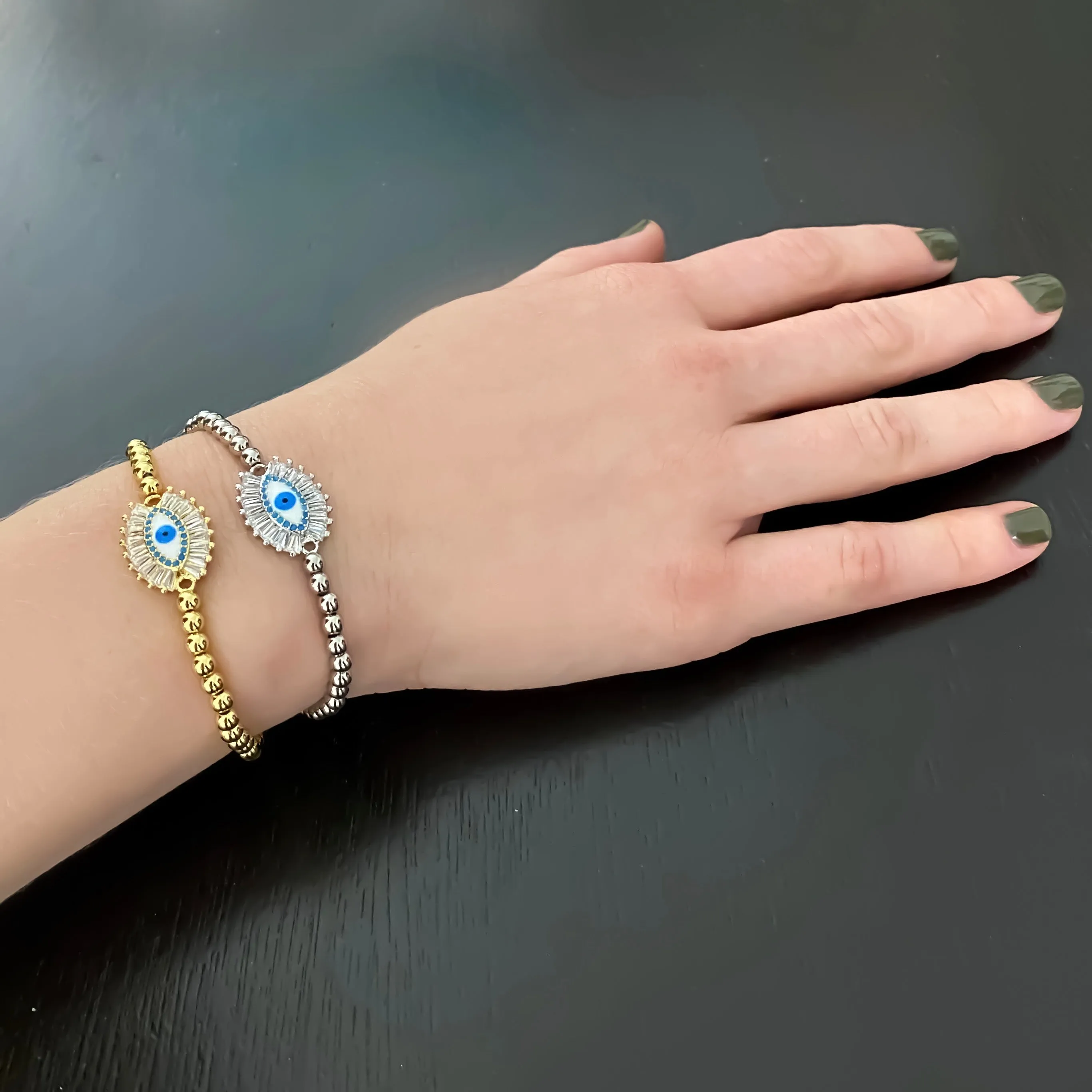 Stretch Beaded Baguette Evil Eye Bracelet - Silver or Gold