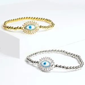 Stretch Beaded Baguette Evil Eye Bracelet - Silver or Gold