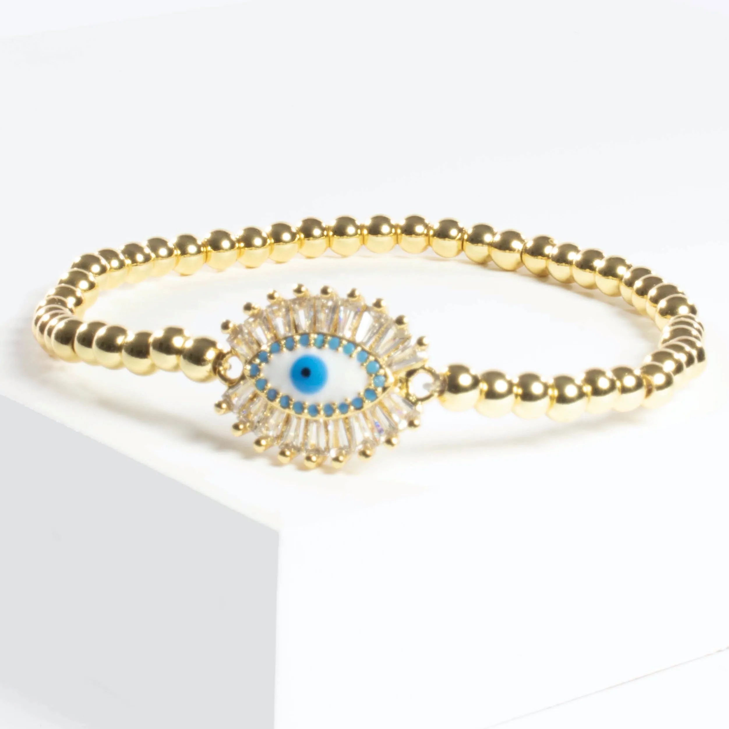 Stretch Beaded Baguette Evil Eye Bracelet - Silver or Gold