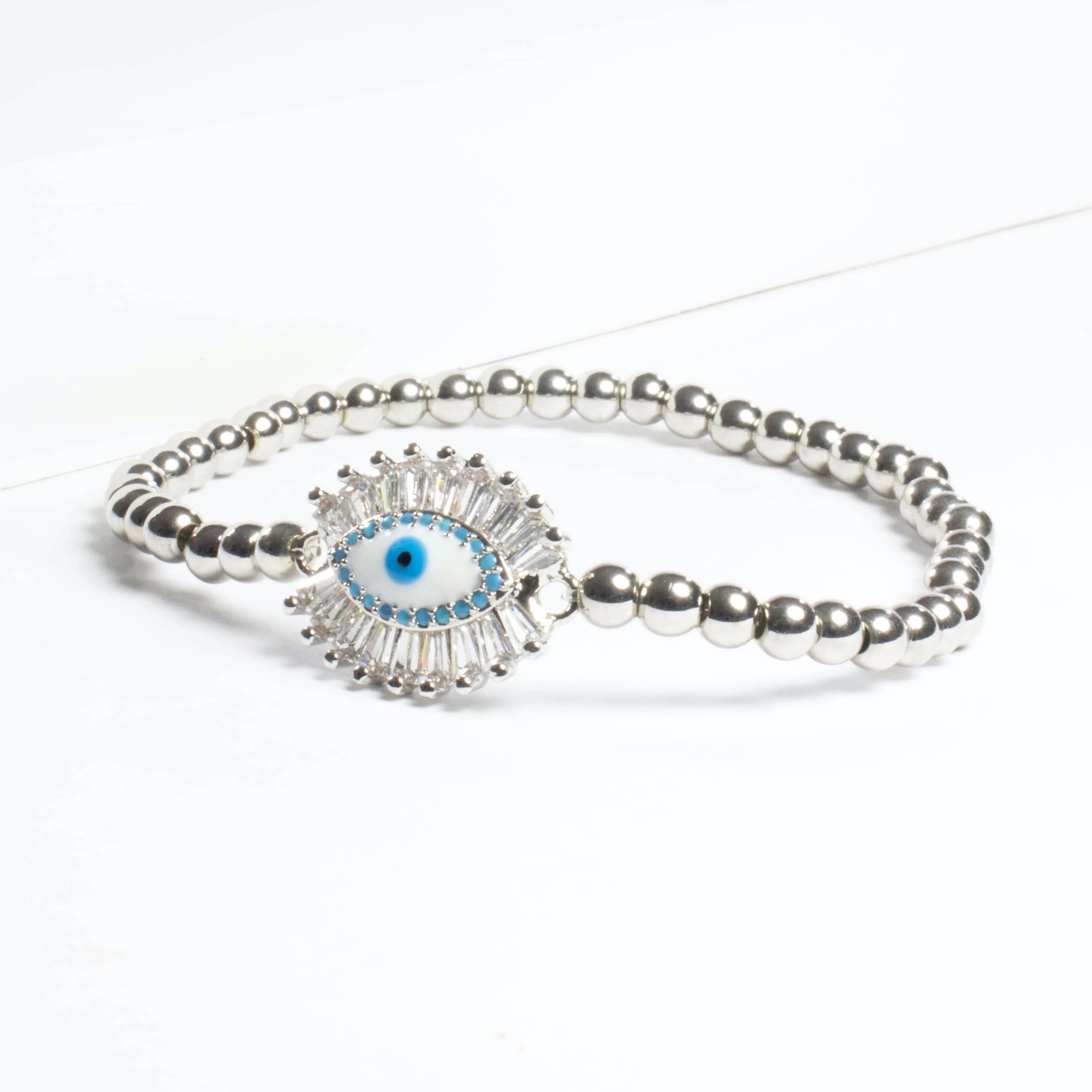 Stretch Beaded Baguette Evil Eye Bracelet - Silver or Gold