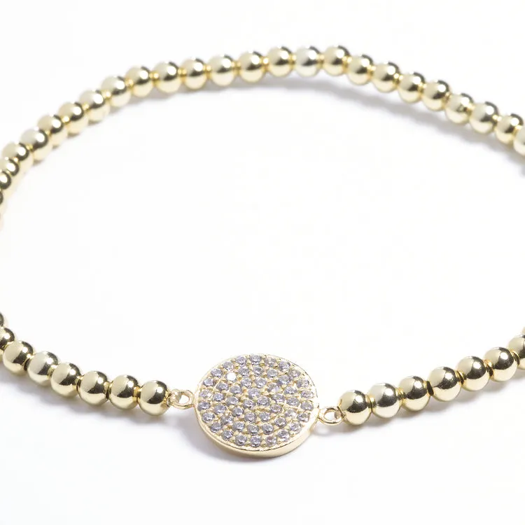Stretch Beaded Bracelet with CZ Pave Disc - Gold or Silver