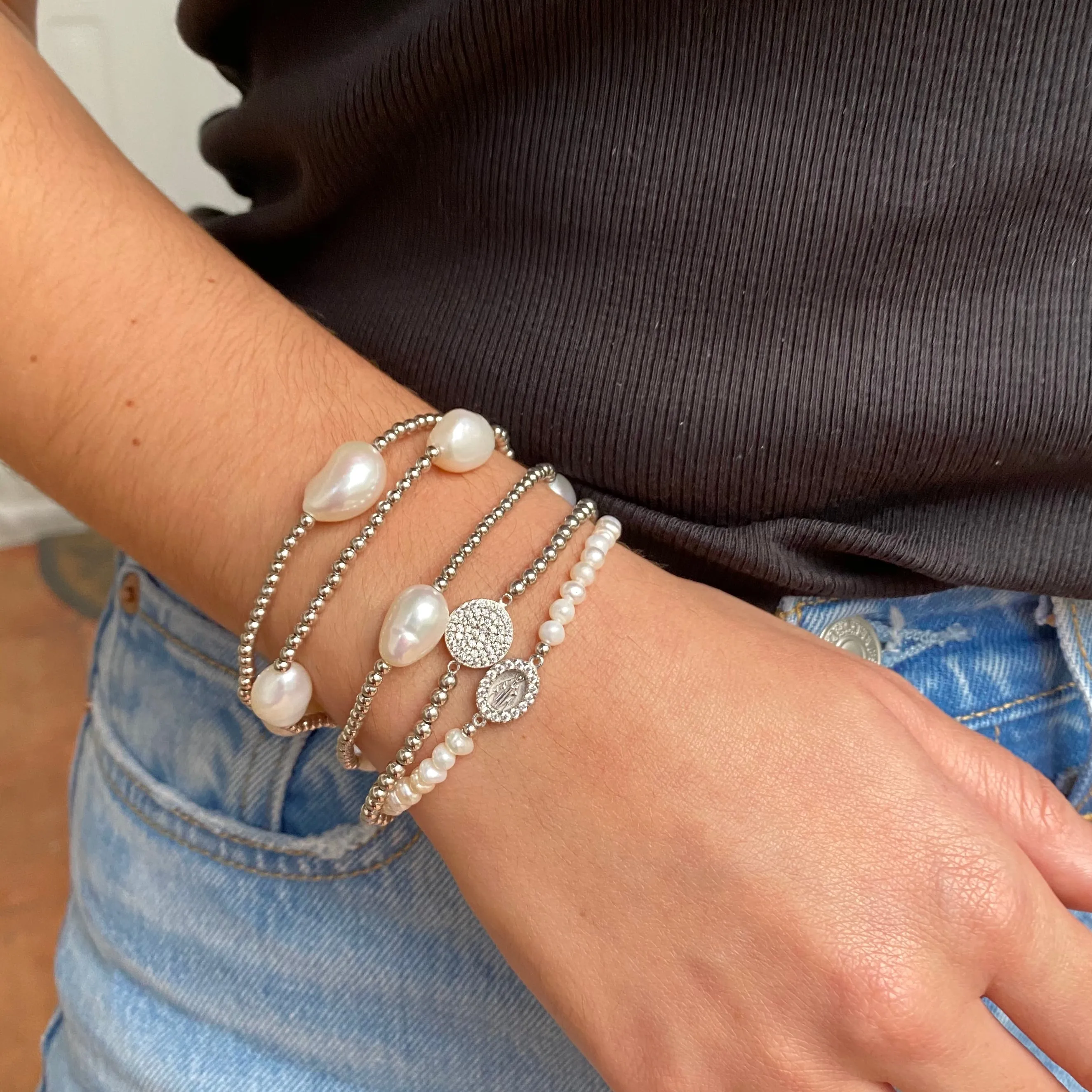 Stretch Beaded Bracelet with CZ Pave Disc - Gold or Silver