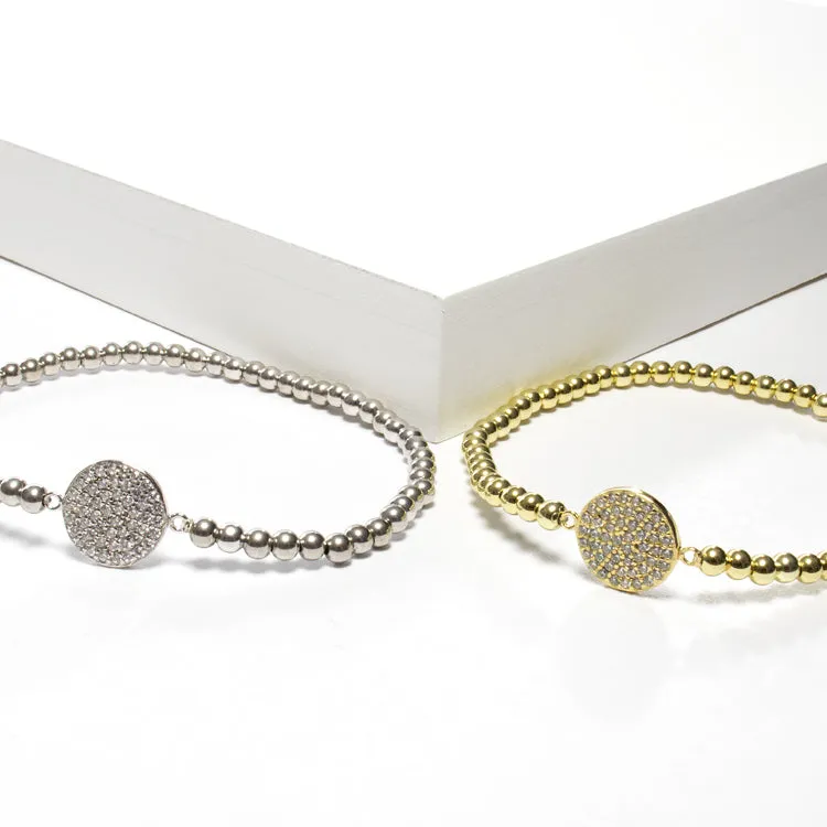 Stretch Beaded Bracelet with CZ Pave Disc - Gold or Silver