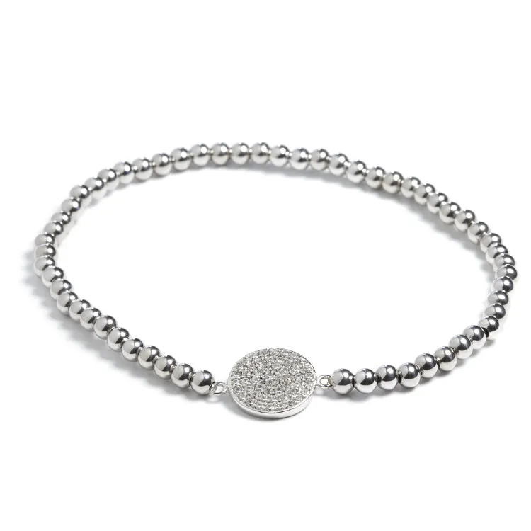 Stretch Beaded Bracelet with CZ Pave Disc - Gold or Silver