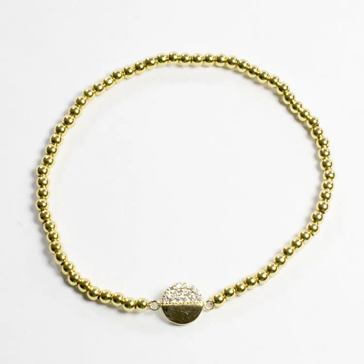 Stretch Beaded Bracelet With Half CZ Pave Disc - Gold