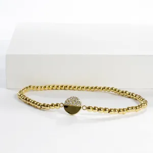 Stretch Beaded Bracelet With Half CZ Pave Disc - Gold