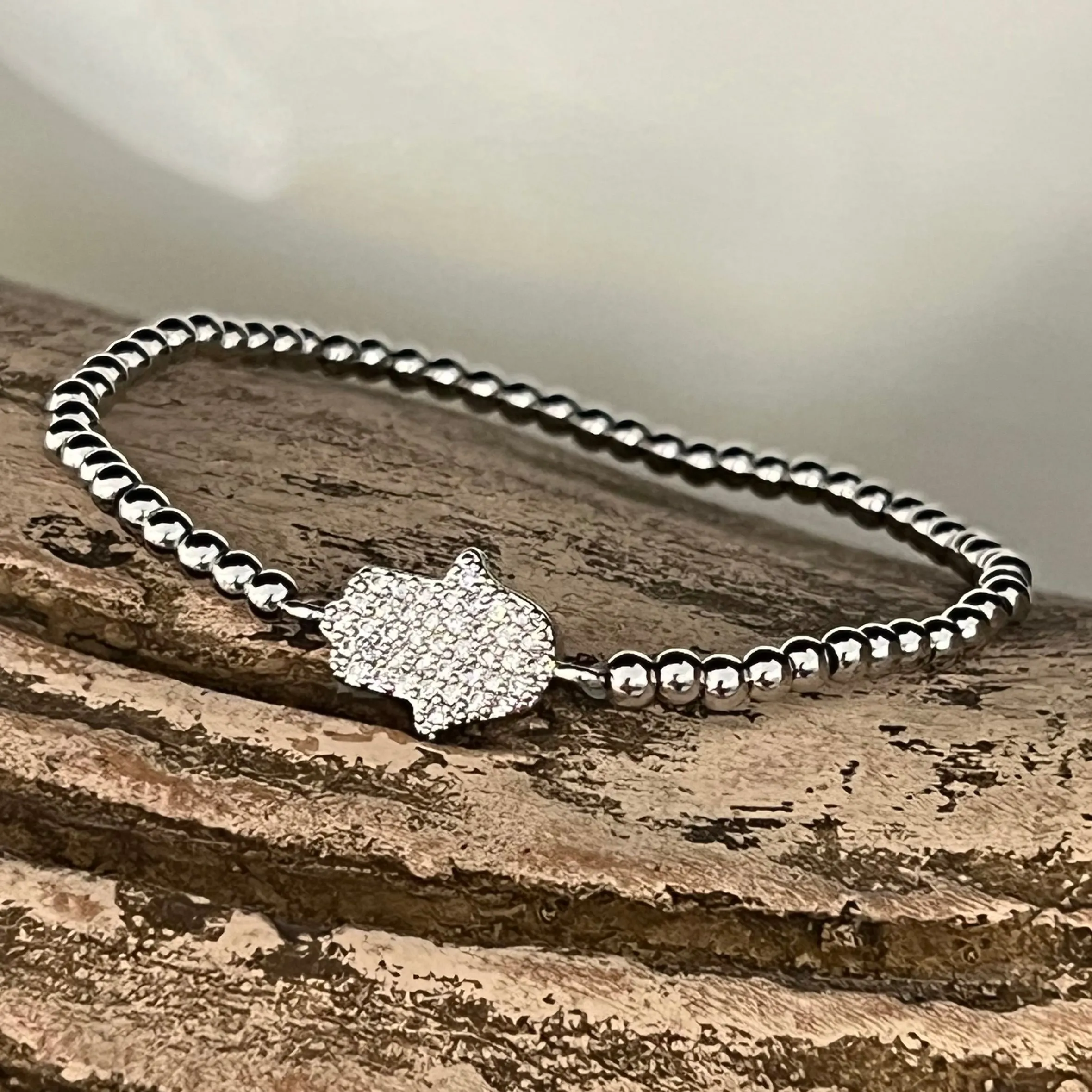 Stretch Beaded Hamsa Bracelet - Silver