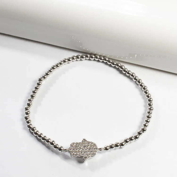 Stretch Beaded Hamsa Bracelet - Silver