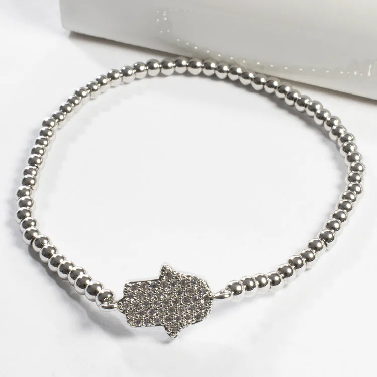 Stretch Beaded Hamsa Bracelet - Silver