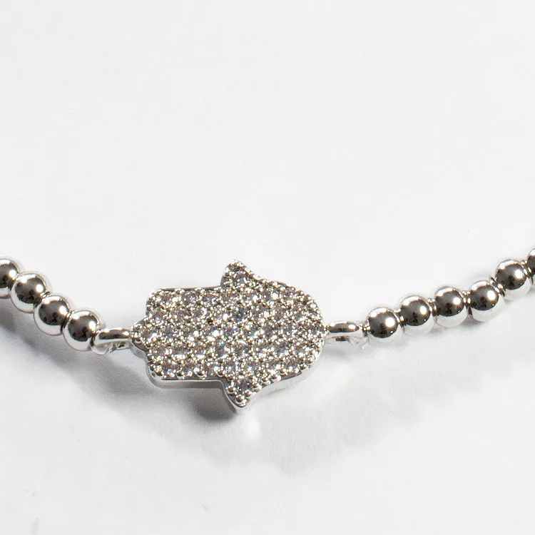 Stretch Beaded Hamsa Bracelet - Silver