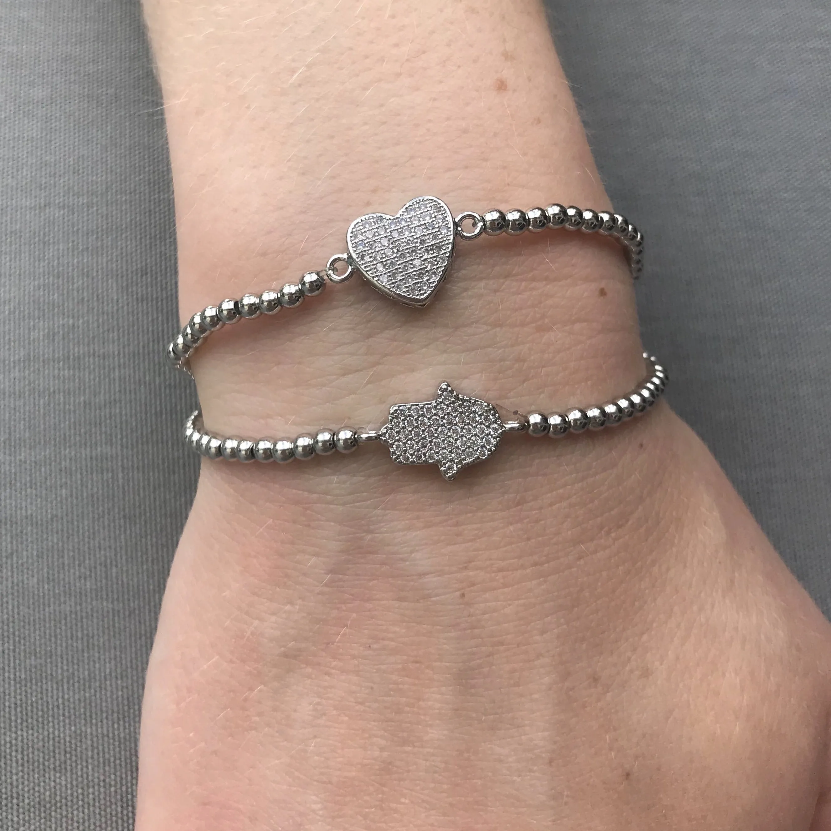 Stretch Beaded Hamsa Bracelet - Silver