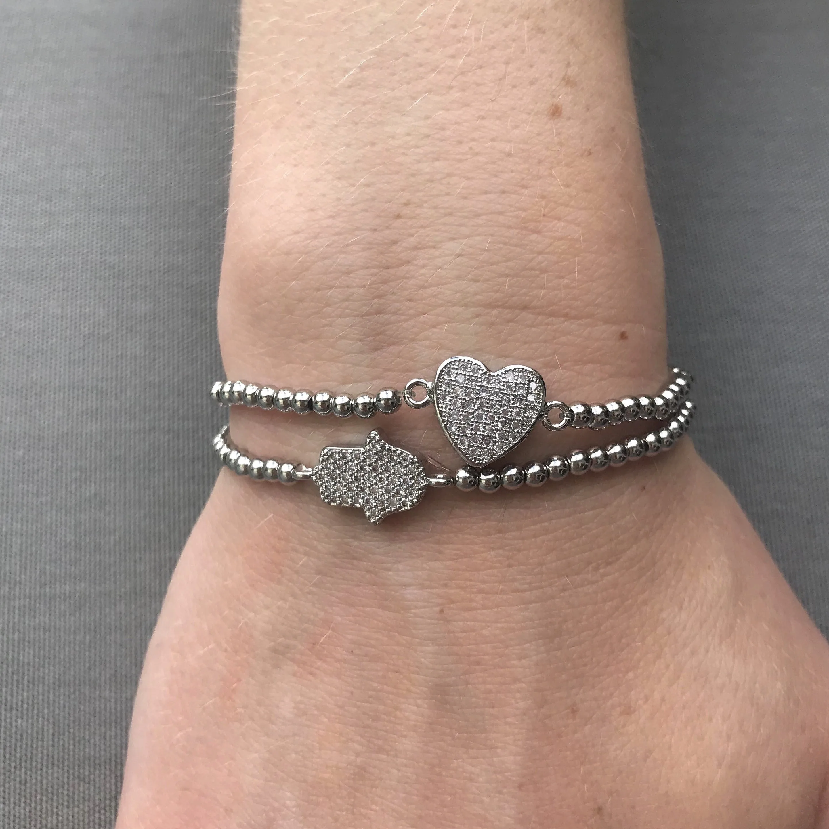 Stretch Beaded Hamsa Bracelet - Silver