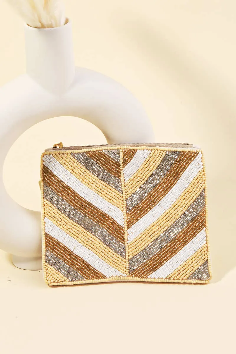 Striped Patter Seed Beaded Coin Pouch Bag