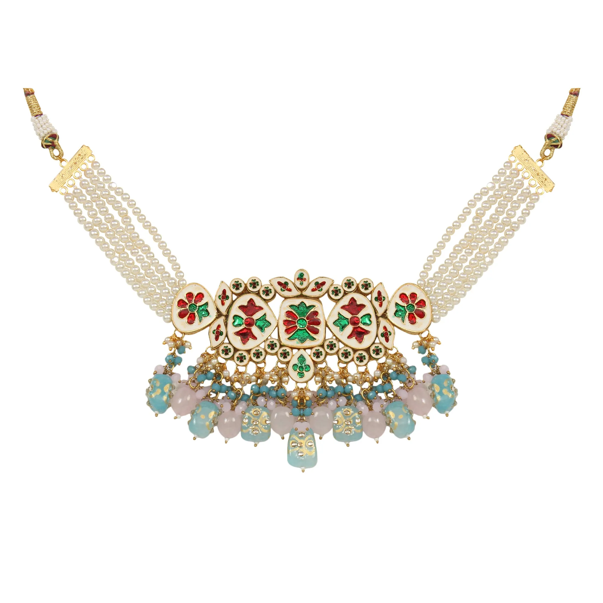 Tanjore Beaded Kundan Pastel Blue and Pink Necklace with Earrings