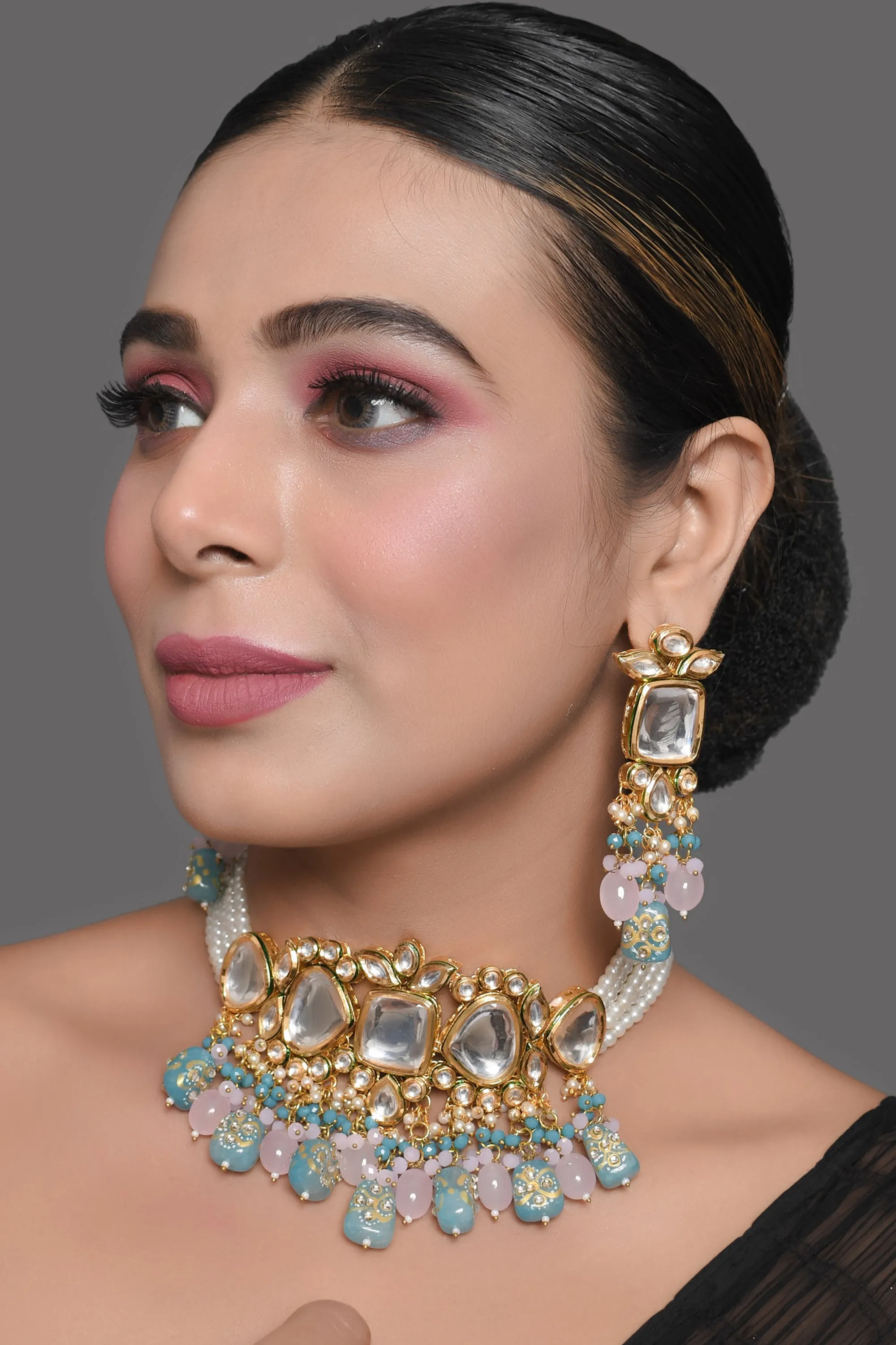 Tanjore Beaded Kundan Pastel Blue and Pink Necklace with Earrings