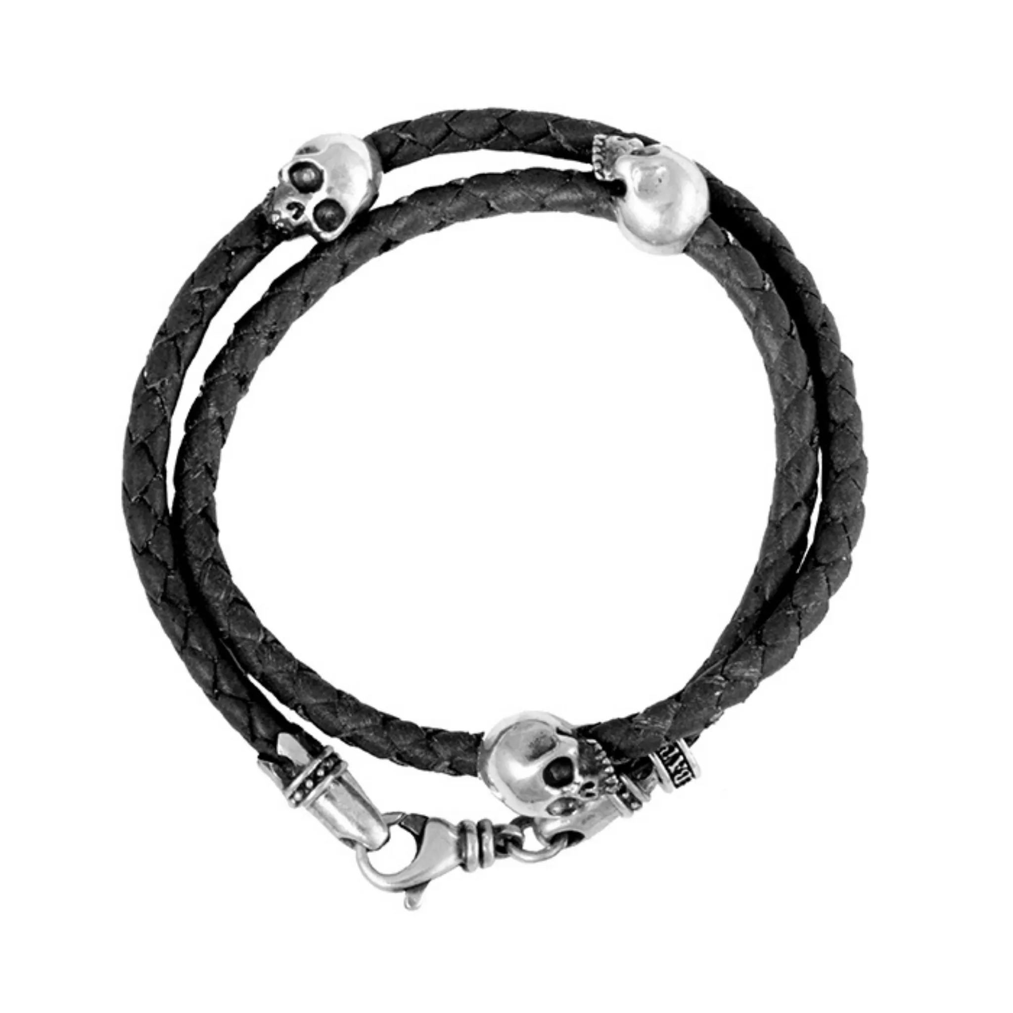 Thin Braided Double Wrap Black Leather Bracelet with Three Hamlet Skulls